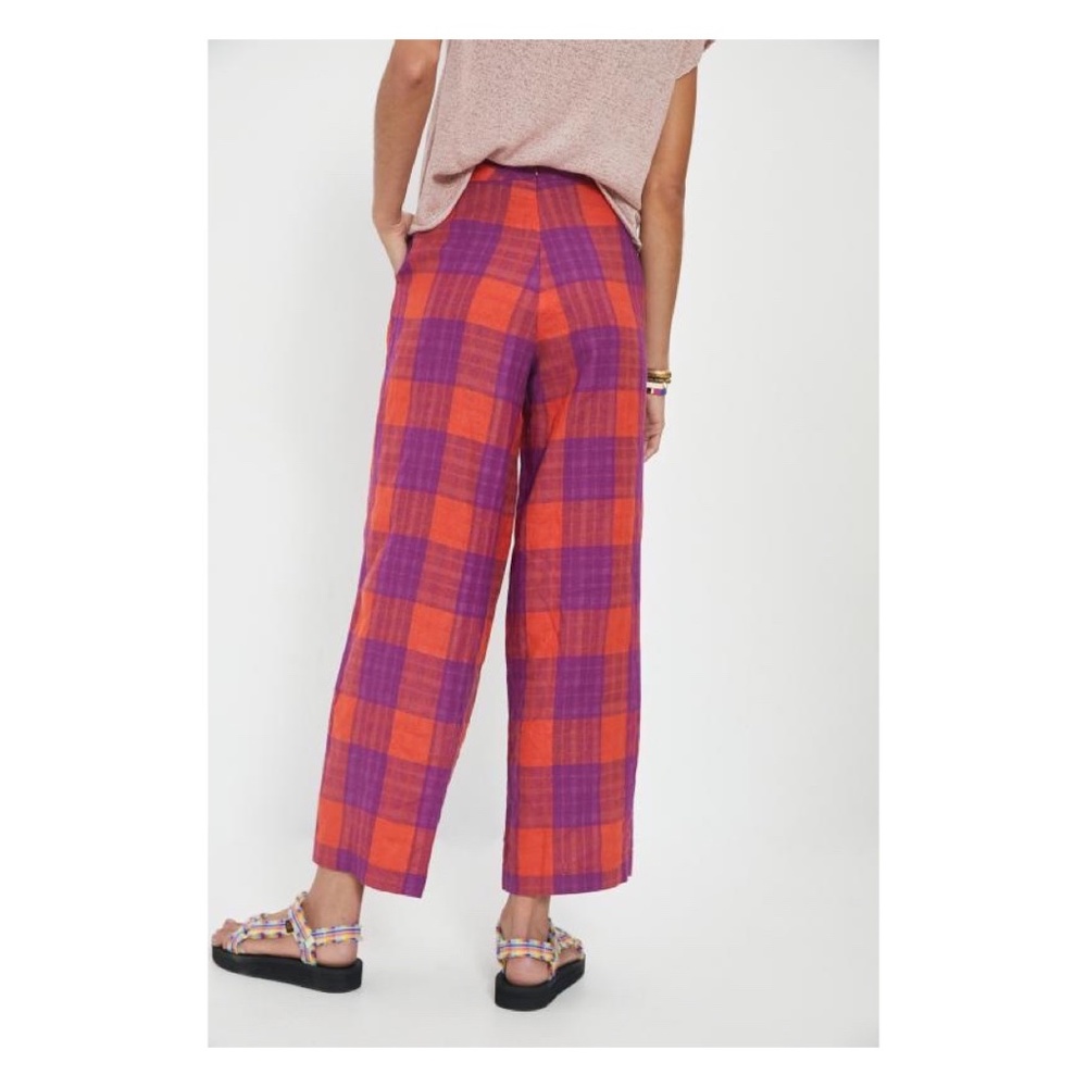 Eva Franco Anthropologie Plaid Pink & Purple Wide Leg Linen Pants - Picture 3 of 5